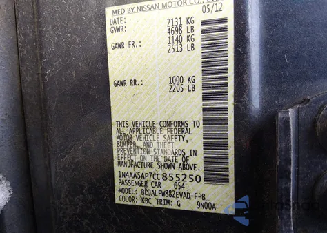 2012 Nissan Maxima 3.5 Sv z USA, uszkodzony, nr VIN 1N4AA5AP7CC855250